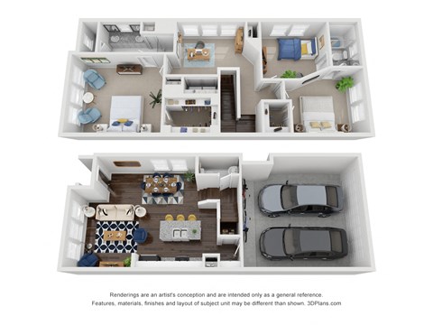 a stylized 3d floor plan of a house with a bedroom and living room